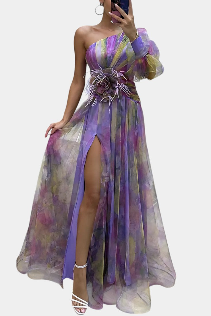 Vestido largo asimétrico Amelie de un solo hombro con diseño artístico