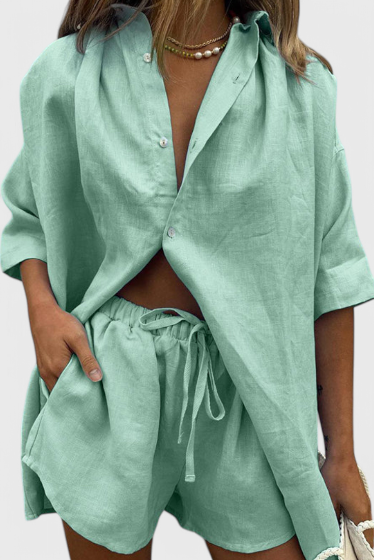 Conjunto de dos piezas de camisa abotonada y pantalones cortos con cordón Anika