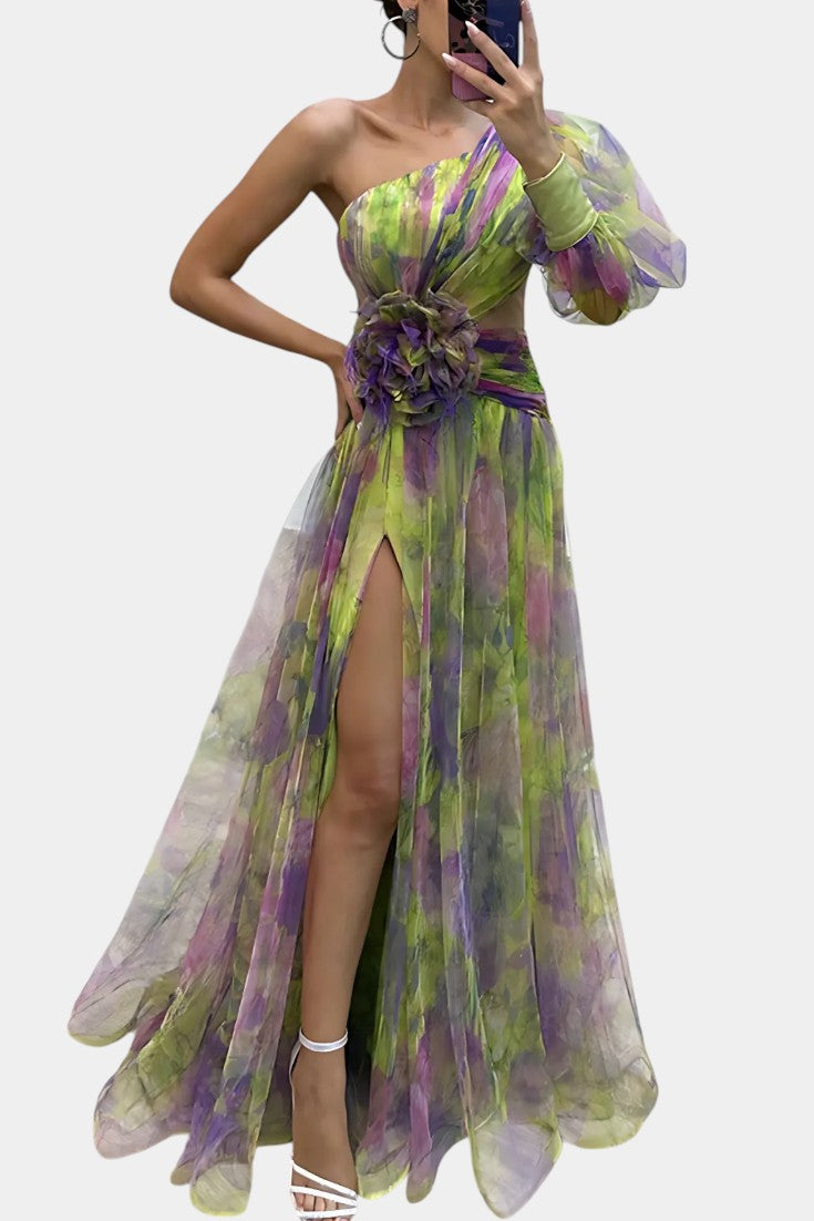 Vestido largo asimétrico Amelie de un solo hombro con diseño artístico