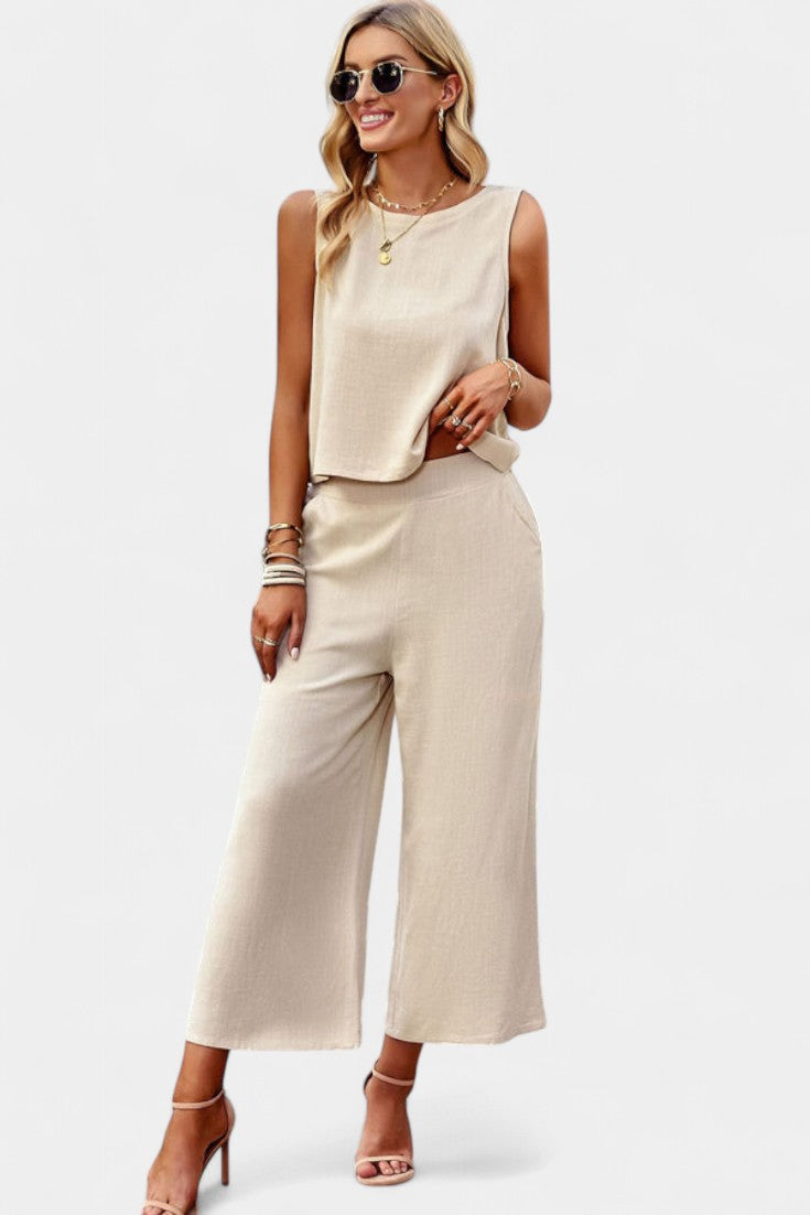 Conjunto Lavinia Boho con top vaporoso y pantalones cortos en lino y algodón