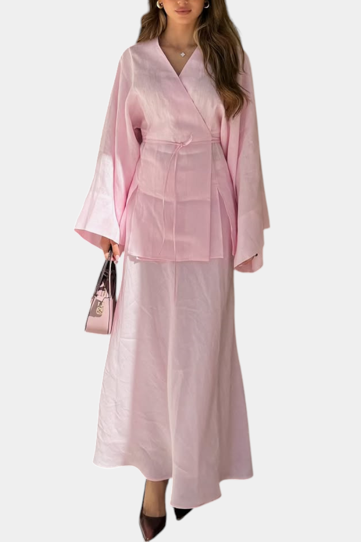 Conjunto de camisa con cuello en V y falda con abertura de Zelda