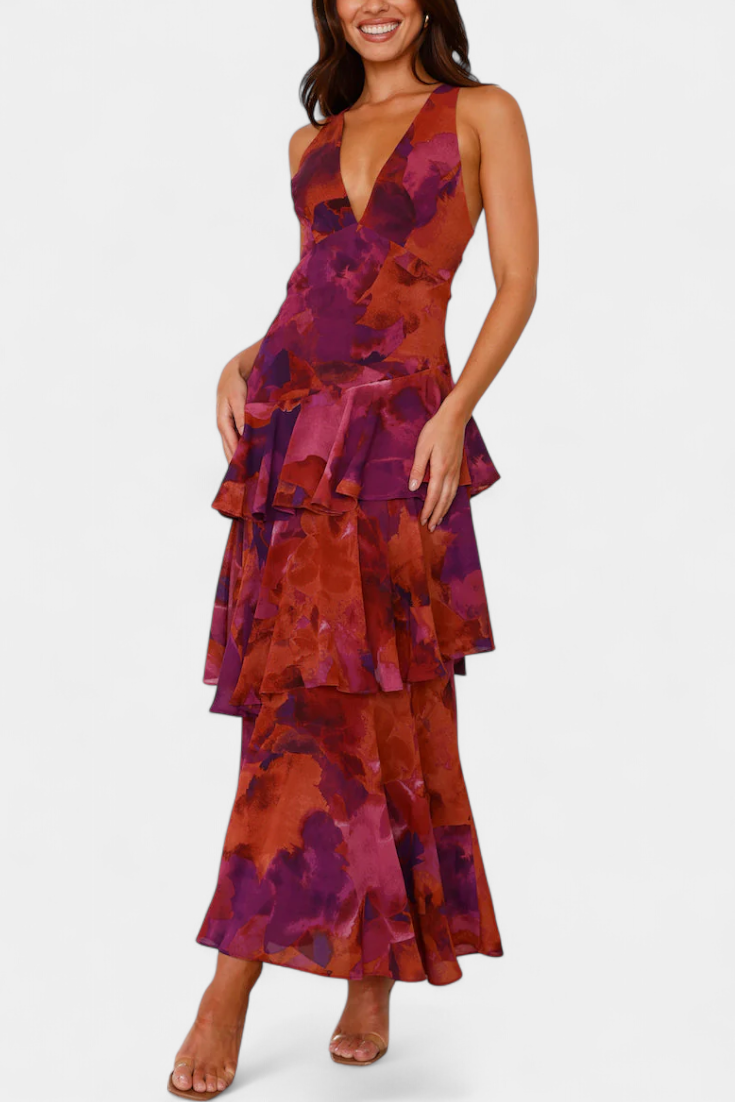 Vestido Domenica de gasa con escote en V y capas vaporosas