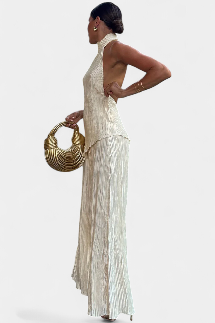 Conjunto elegante plisado Pilarica con top asimétrico y pantalón fluido