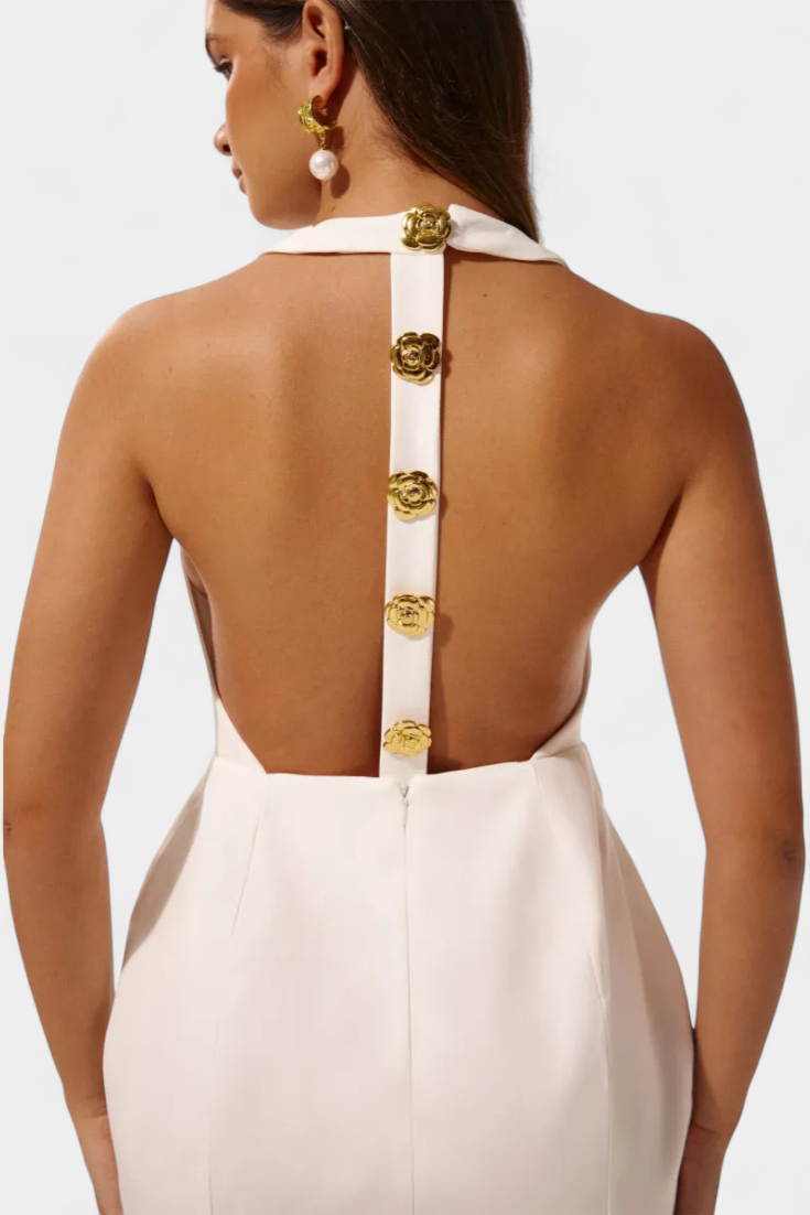 Vestido mini Yvonne con espalda abierta y lazo en el cuello con detalle floral