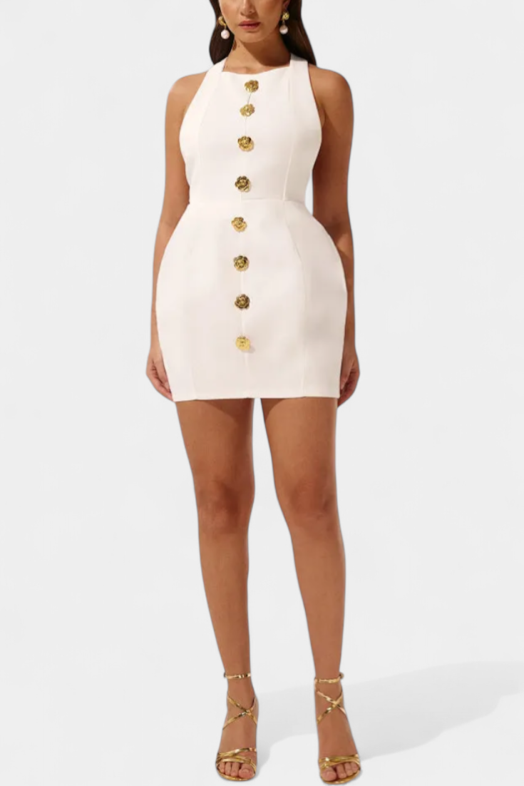 Vestido mini Yvonne con espalda abierta y lazo en el cuello con detalle floral