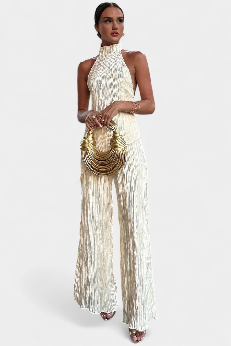 Conjunto elegante plisado Pilarica con top asimétrico y pantalón fluido