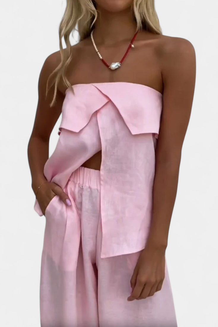 Conjunto Oriana sin tirantes con falda fruncida en estampado monocromático