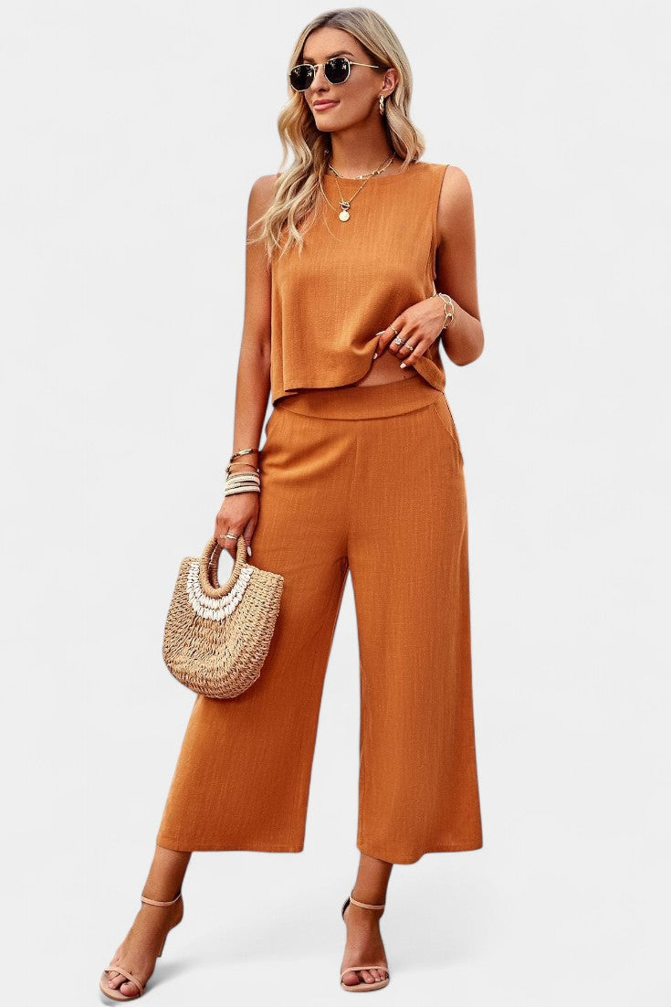 Conjunto Lavinia Boho con top vaporoso y pantalones cortos en lino y algodón