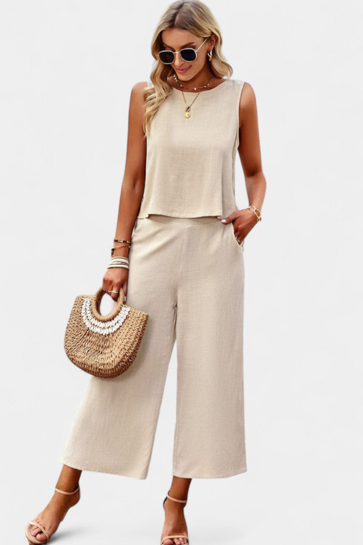 Conjunto Lavinia Boho con top vaporoso y pantalones cortos en lino y algodón
