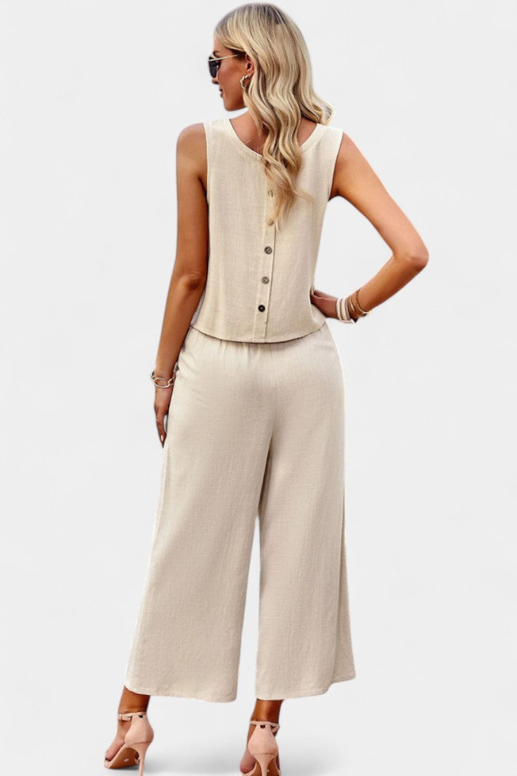 Conjunto Lavinia Boho con top vaporoso y pantalones cortos en lino y algodón