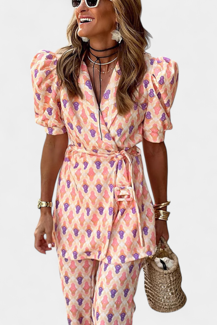 Conjunto Estampado Araceli, Blazer y Pantalón Campana