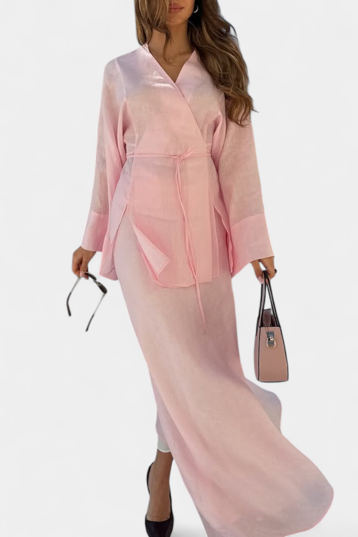 Conjunto de camisa con cuello en V y falda con abertura de Zelda