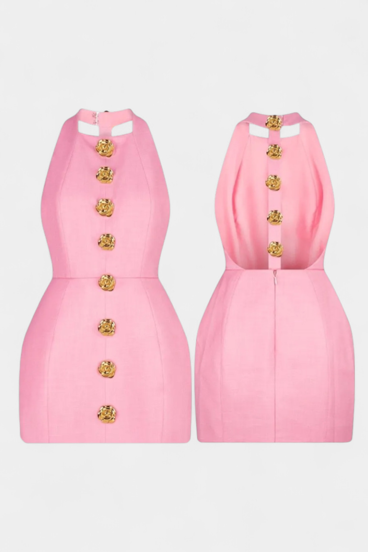 Vestido mini Yvonne con espalda abierta y lazo en el cuello con detalle floral