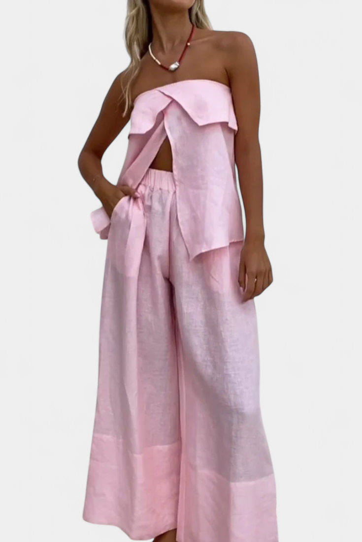 Conjunto Oriana sin tirantes con falda fruncida en estampado monocromático