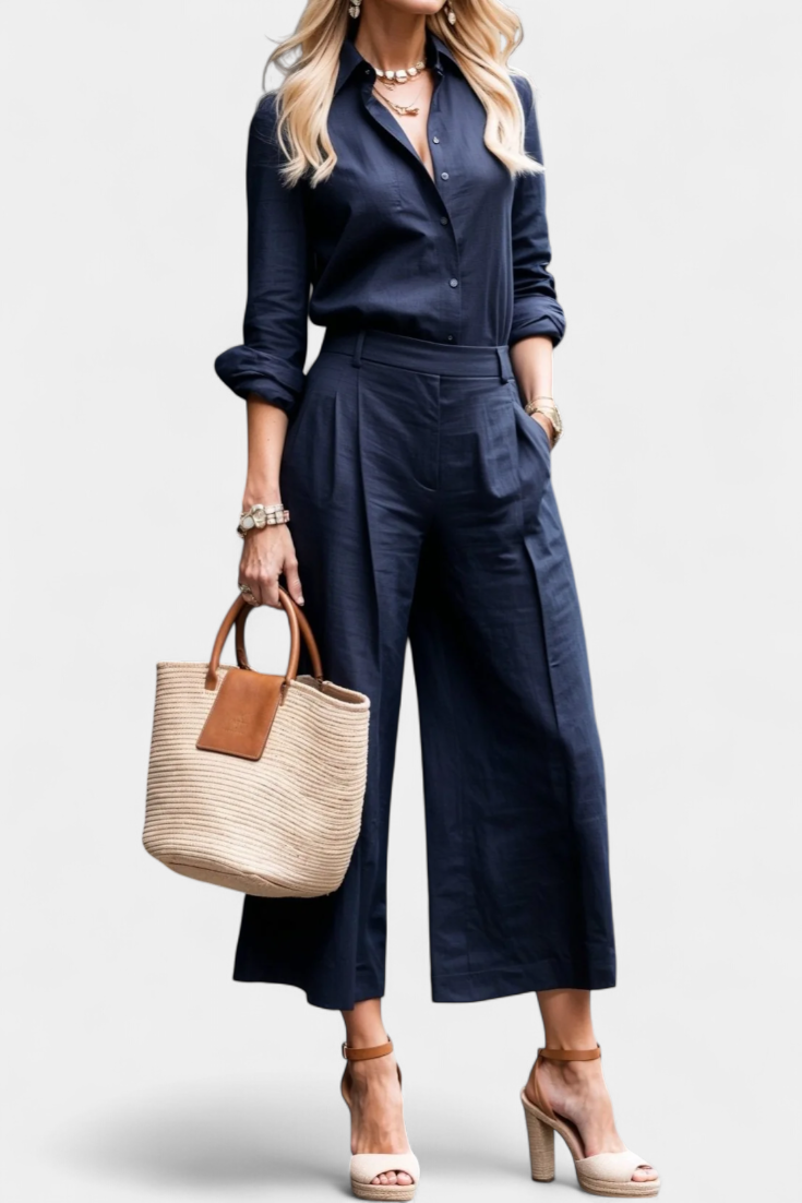 Conjunto Sabina Rosa con Camisa Aireada y Pantalón Capri