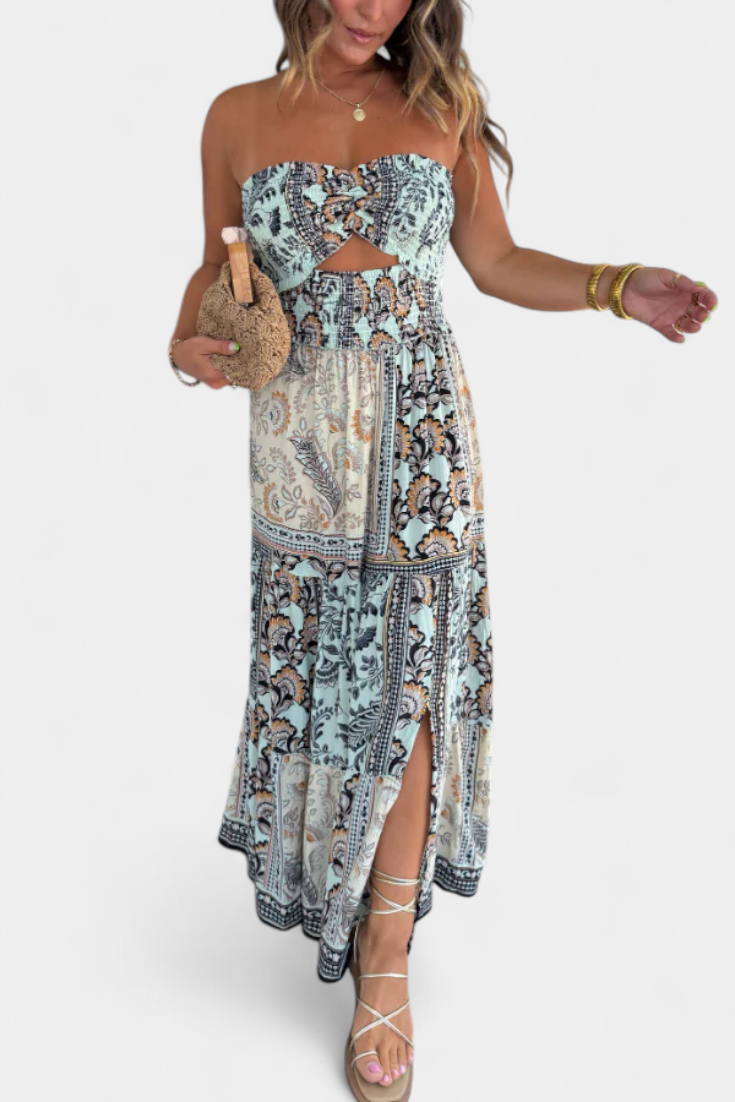 Vestido largo estampado Edurne con escote palabra de honor