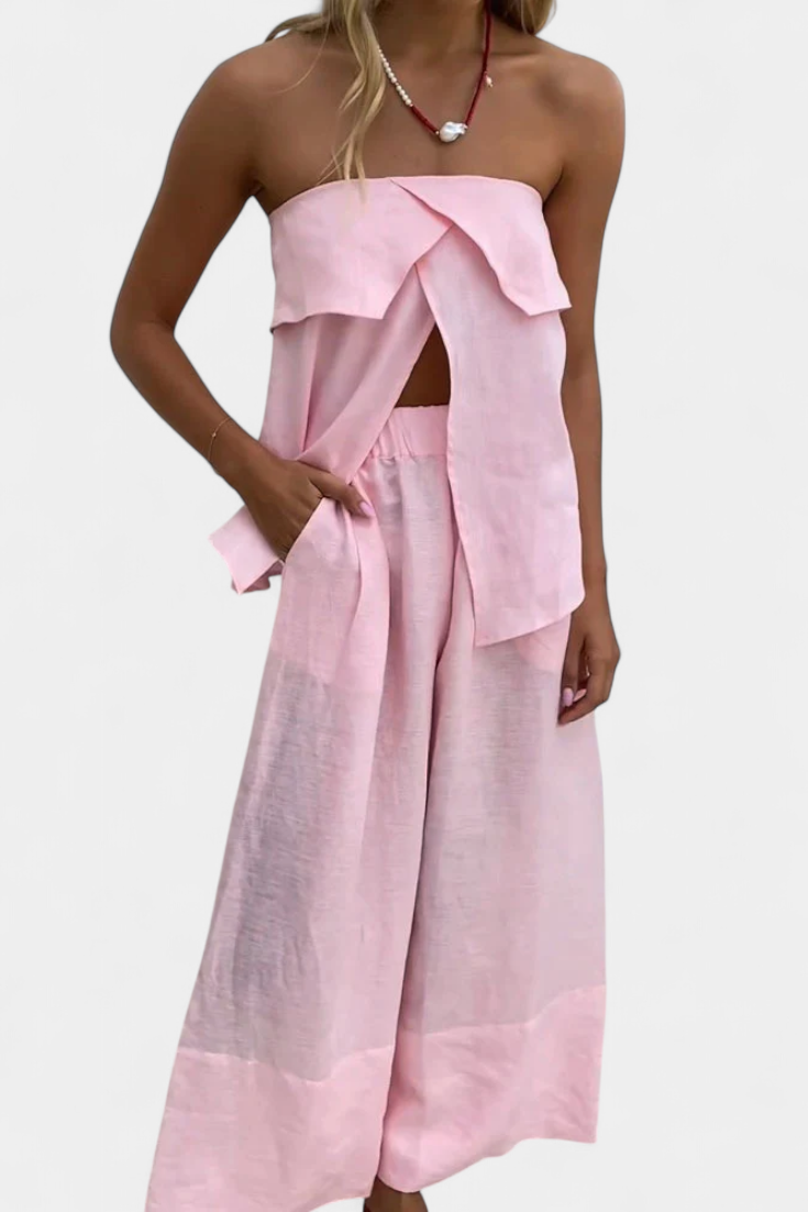 Conjunto Oriana sin tirantes con falda fruncida en estampado monocromático