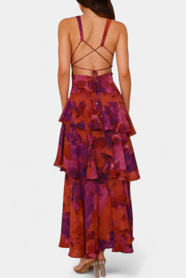 Vestido Domenica de gasa con escote en V y capas vaporosas