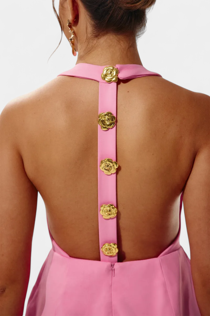 Vestido mini Yvonne con espalda abierta y lazo en el cuello con detalle floral