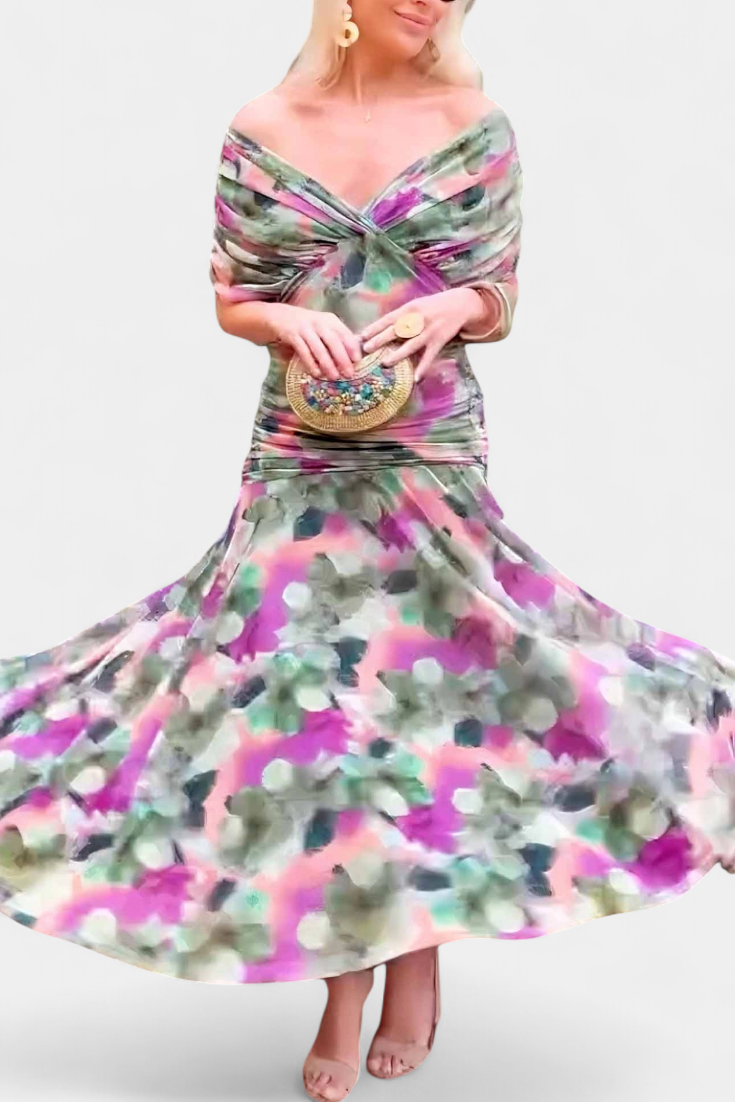 Vestido largo Alondra con elegante diseño floral y escote en V