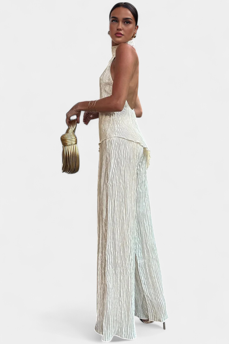 Conjunto elegante plisado Pilarica con top asimétrico y pantalón fluido