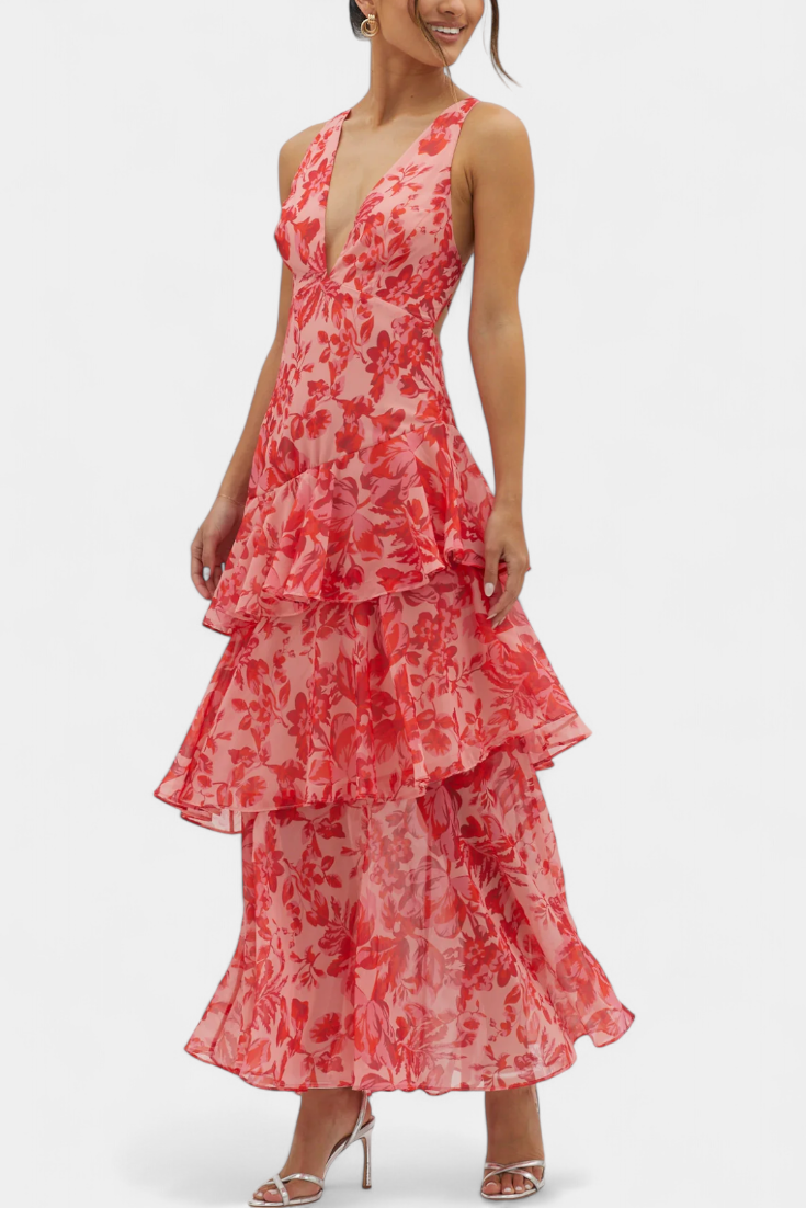 Vestido Domenica de gasa con escote en V y capas vaporosas