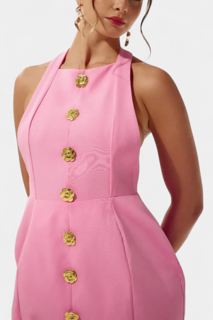 Vestido mini Yvonne con espalda abierta y lazo en el cuello con detalle floral