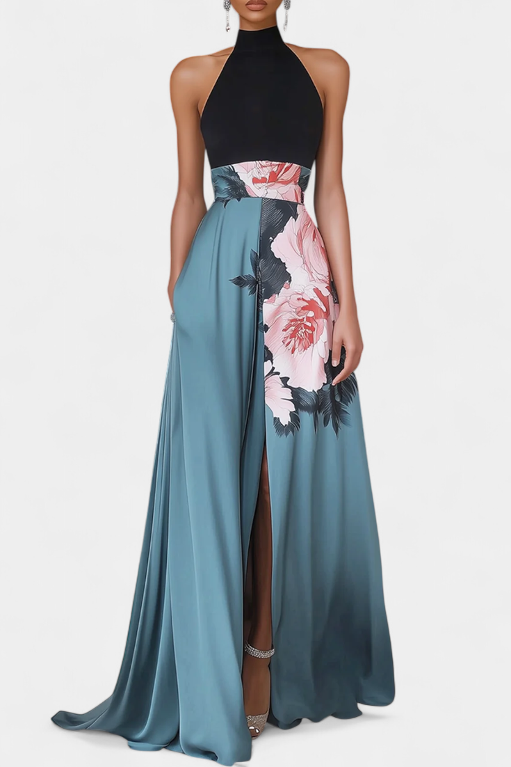 Vestido floral Radmila de corte A con corpiño negro y falda brillante