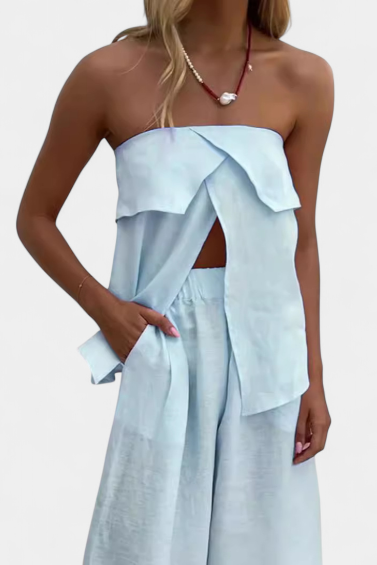 Conjunto Oriana sin tirantes con falda fruncida en estampado monocromático