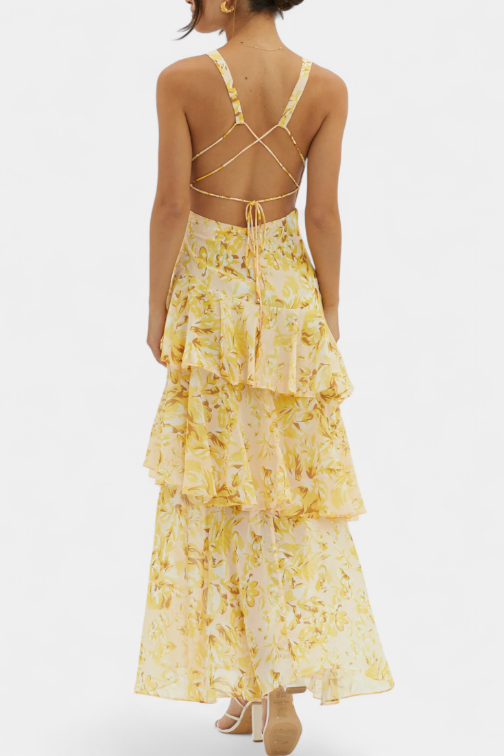 Vestido Domenica de gasa con escote en V y capas vaporosas