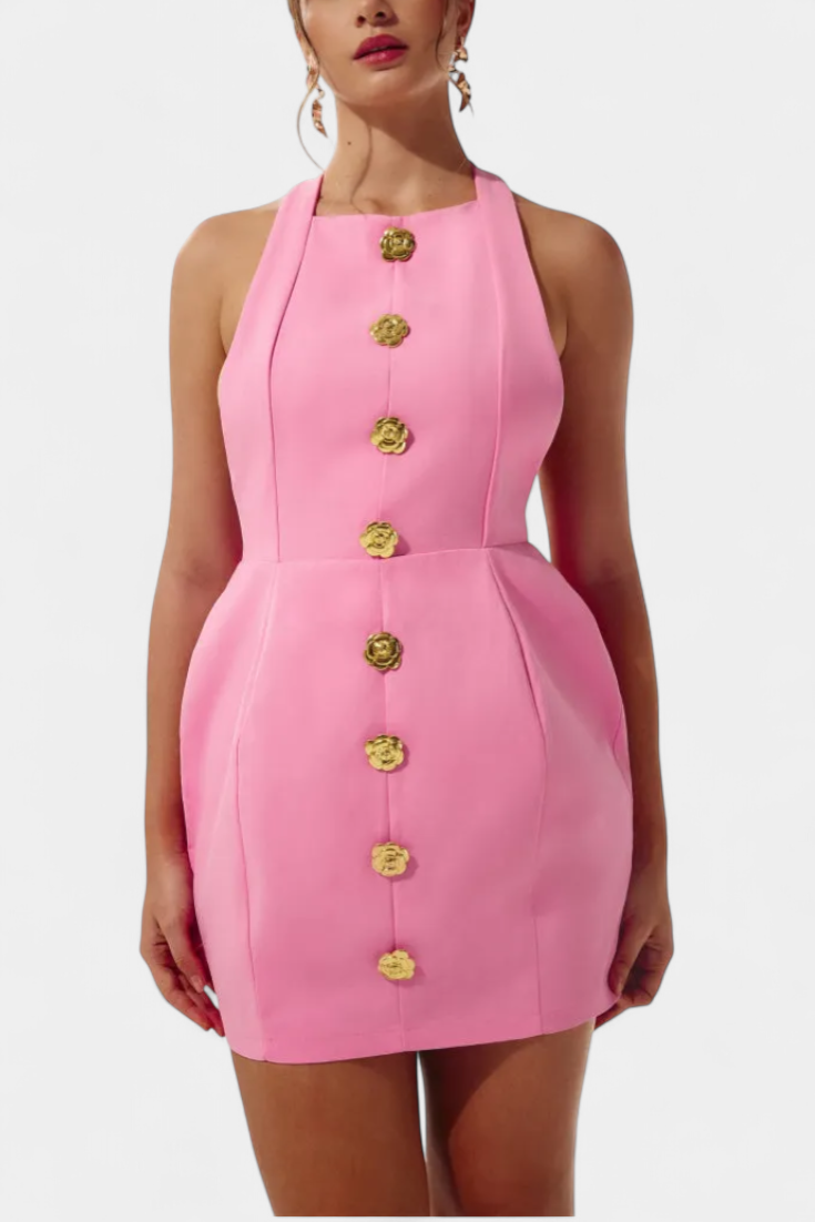 Vestido mini Yvonne con espalda abierta y lazo en el cuello con detalle floral