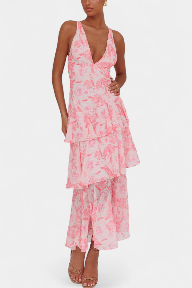 Vestido Domenica de gasa con escote en V y capas vaporosas