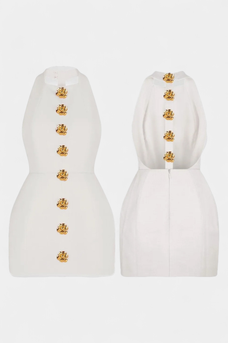 Vestido mini Yvonne con espalda abierta y lazo en el cuello con detalle floral