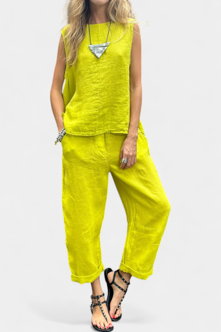 Conjunto de chaleco y pantalón sin mangas de algodón y lino Leona