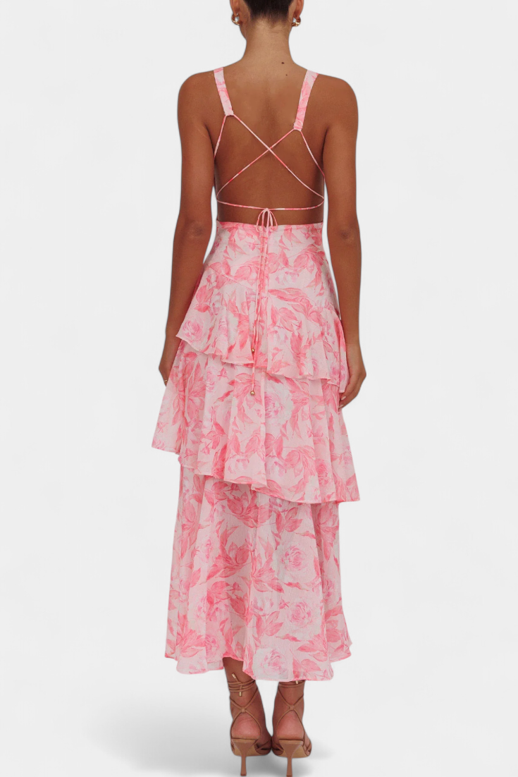 Vestido Domenica de gasa con escote en V y capas vaporosas